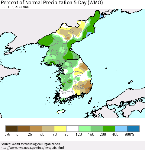 Korea Percent of Normal Precipitation 5-Day (WMO) Thematic Map For 7/1/2023 - 7/5/2023