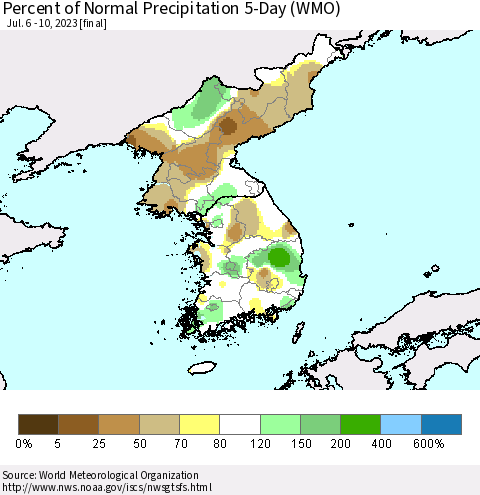 Korea Percent of Normal Precipitation 5-Day (WMO) Thematic Map For 7/6/2023 - 7/10/2023