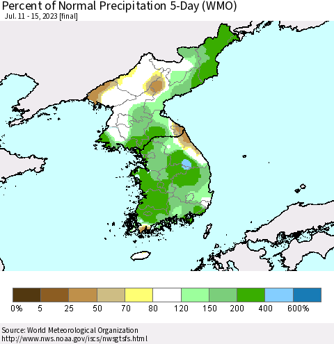 Korea Percent of Normal Precipitation 5-Day (WMO) Thematic Map For 7/11/2023 - 7/15/2023