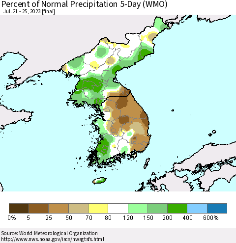 Korea Percent of Normal Precipitation 5-Day (WMO) Thematic Map For 7/21/2023 - 7/25/2023