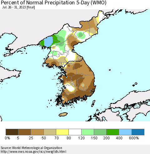 Korea Percent of Normal Precipitation 5-Day (WMO) Thematic Map For 7/26/2023 - 7/31/2023