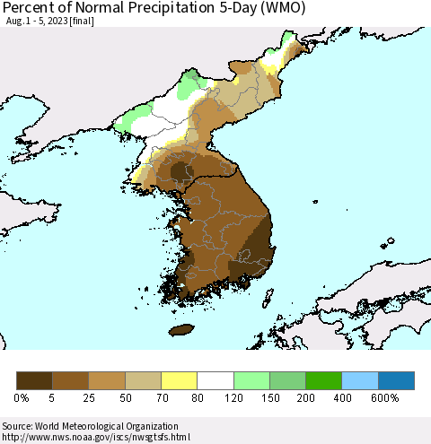 Korea Percent of Normal Precipitation 5-Day (WMO) Thematic Map For 8/1/2023 - 8/5/2023