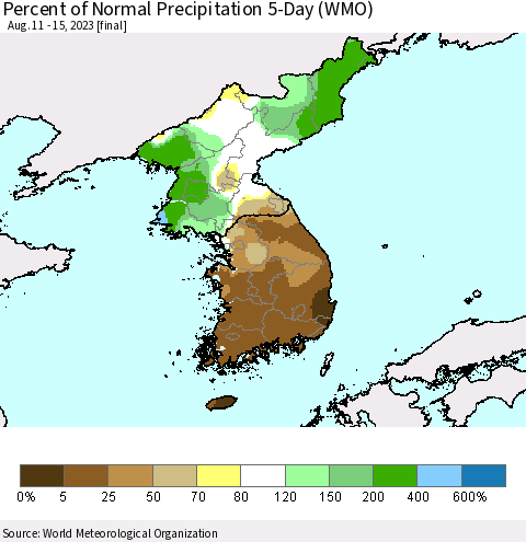 Korea Percent of Normal Precipitation 5-Day (WMO) Thematic Map For 8/11/2023 - 8/15/2023