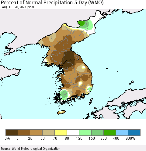 Korea Percent of Normal Precipitation 5-Day (WMO) Thematic Map For 8/16/2023 - 8/20/2023