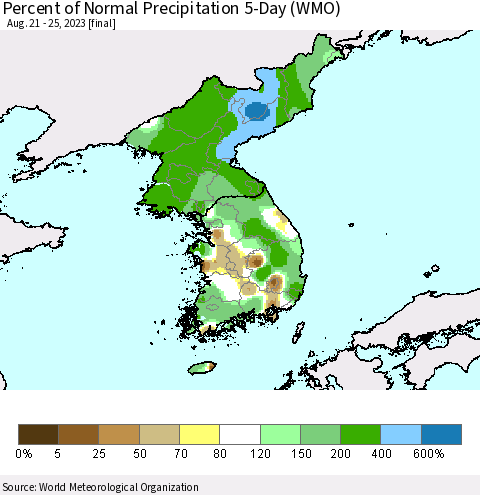 Korea Percent of Normal Precipitation 5-Day (WMO) Thematic Map For 8/21/2023 - 8/25/2023