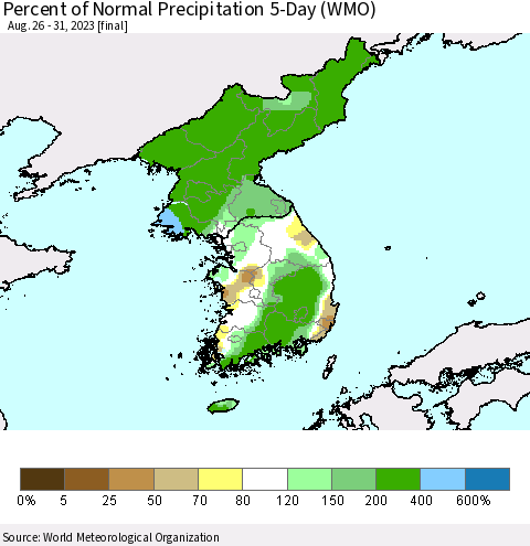Korea Percent of Normal Precipitation 5-Day (WMO) Thematic Map For 8/26/2023 - 8/31/2023
