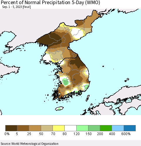 Korea Percent of Normal Precipitation 5-Day (WMO) Thematic Map For 9/1/2023 - 9/5/2023