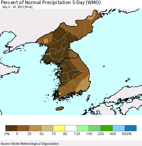 Korea Percent of Normal Precipitation 5-Day (WMO) Thematic Map For 9/6/2023 - 9/10/2023