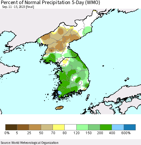 Korea Percent of Normal Precipitation 5-Day (WMO) Thematic Map For 9/11/2023 - 9/15/2023