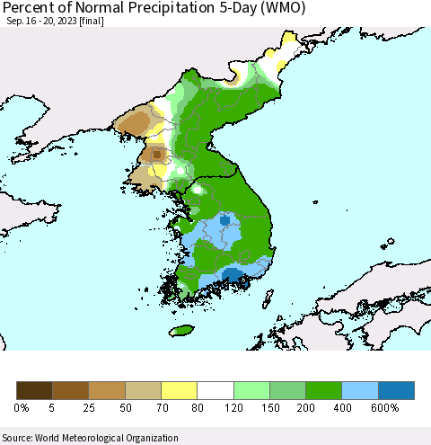 Korea Percent of Normal Precipitation 5-Day (WMO) Thematic Map For 9/16/2023 - 9/20/2023