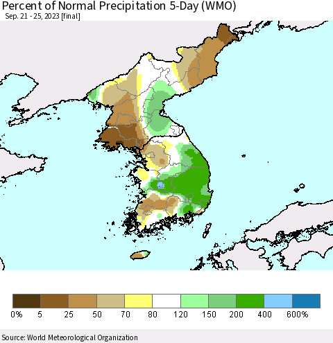 Korea Percent of Normal Precipitation 5-Day (WMO) Thematic Map For 9/21/2023 - 9/25/2023