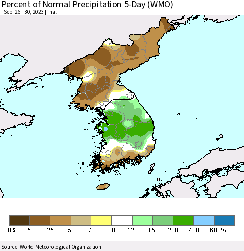 Korea Percent of Normal Precipitation 5-Day (WMO) Thematic Map For 9/26/2023 - 9/30/2023