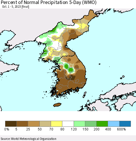 Korea Percent of Normal Precipitation 5-Day (WMO) Thematic Map For 10/1/2023 - 10/5/2023