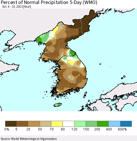 Korea Percent of Normal Precipitation 5-Day (WMO) Thematic Map For 10/6/2023 - 10/10/2023