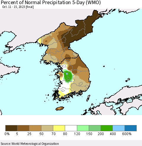 Korea Percent of Normal Precipitation 5-Day (WMO) Thematic Map For 10/11/2023 - 10/15/2023