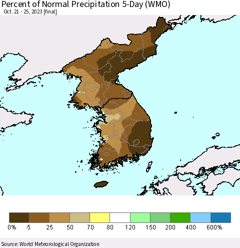 Korea Percent of Normal Precipitation 5-Day (WMO) Thematic Map For 10/21/2023 - 10/25/2023