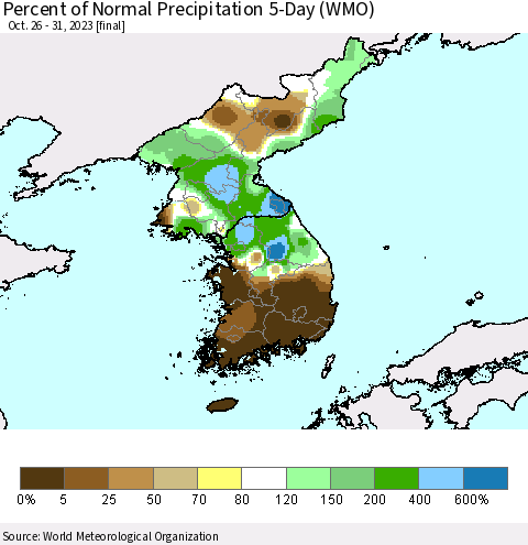 Korea Percent of Normal Precipitation 5-Day (WMO) Thematic Map For 10/26/2023 - 10/31/2023