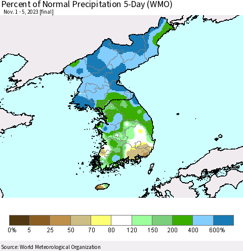 Korea Percent of Normal Precipitation 5-Day (WMO) Thematic Map For 11/1/2023 - 11/5/2023