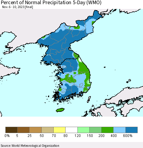 Korea Percent of Normal Precipitation 5-Day (WMO) Thematic Map For 11/6/2023 - 11/10/2023