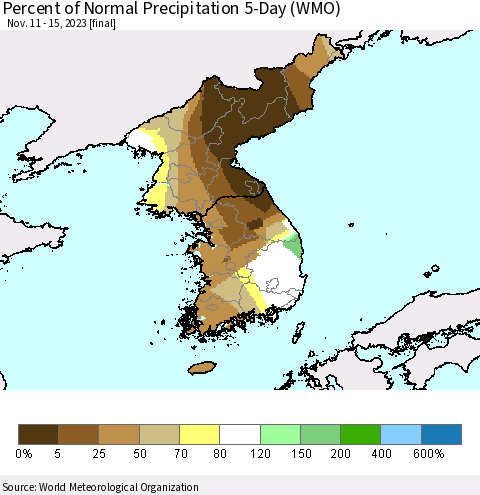 Korea Percent of Normal Precipitation 5-Day (WMO) Thematic Map For 11/11/2023 - 11/15/2023
