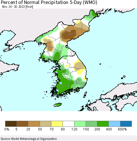 Korea Percent of Normal Precipitation 5-Day (WMO) Thematic Map For 11/16/2023 - 11/20/2023