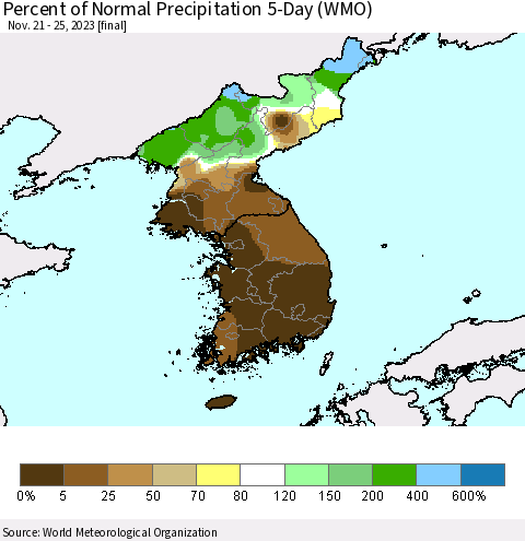 Korea Percent of Normal Precipitation 5-Day (WMO) Thematic Map For 11/21/2023 - 11/25/2023