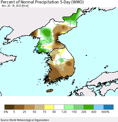 Korea Percent of Normal Precipitation 5-Day (WMO) Thematic Map For 11/26/2023 - 11/30/2023