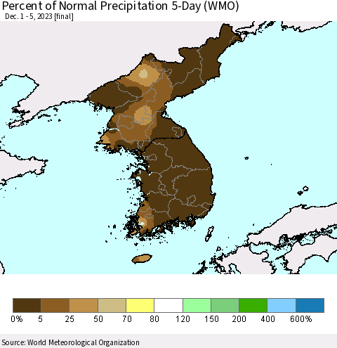 Korea Percent of Normal Precipitation 5-Day (WMO) Thematic Map For 12/1/2023 - 12/5/2023