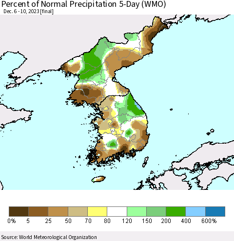 Korea Percent of Normal Precipitation 5-Day (WMO) Thematic Map For 12/6/2023 - 12/10/2023