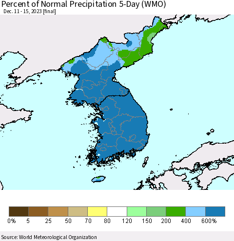 Korea Percent of Normal Precipitation 5-Day (WMO) Thematic Map For 12/11/2023 - 12/15/2023