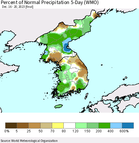 Korea Percent of Normal Precipitation 5-Day (WMO) Thematic Map For 12/16/2023 - 12/20/2023