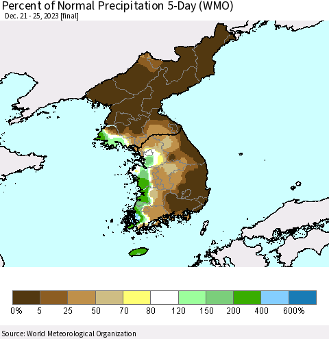 Korea Percent of Normal Precipitation 5-Day (WMO) Thematic Map For 12/21/2023 - 12/25/2023