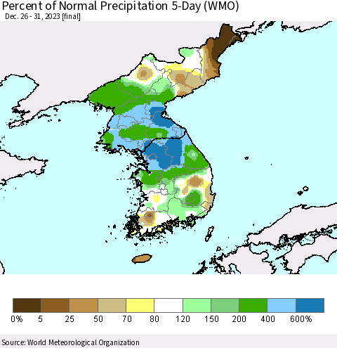Korea Percent of Normal Precipitation 5-Day (WMO) Thematic Map For 12/26/2023 - 12/31/2023