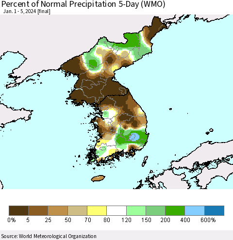 Korea Percent of Normal Precipitation 5-Day (WMO) Thematic Map For 1/1/2024 - 1/5/2024