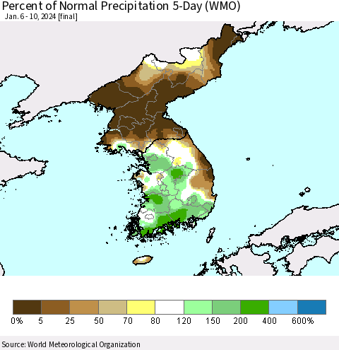 Korea Percent of Normal Precipitation 5-Day (WMO) Thematic Map For 1/6/2024 - 1/10/2024