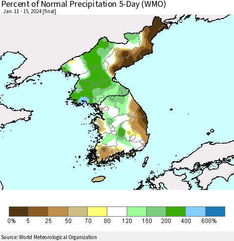 Korea Percent of Normal Precipitation 5-Day (WMO) Thematic Map For 1/11/2024 - 1/15/2024