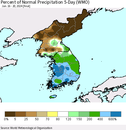 Korea Percent of Normal Precipitation 5-Day (WMO) Thematic Map For 1/16/2024 - 1/20/2024