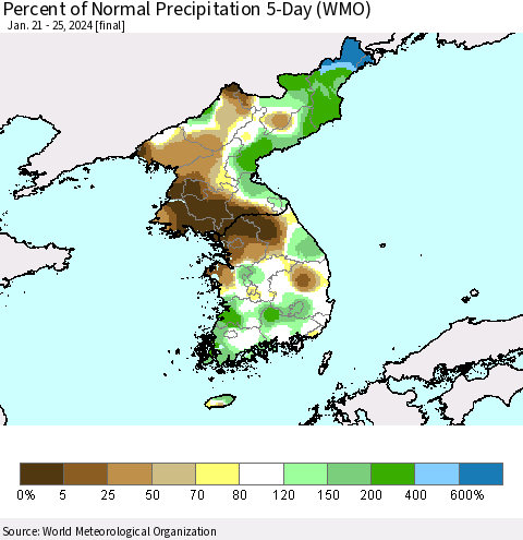 Korea Percent of Normal Precipitation 5-Day (WMO) Thematic Map For 1/21/2024 - 1/25/2024