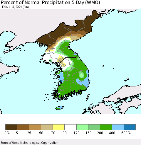 Korea Percent of Normal Precipitation 5-Day (WMO) Thematic Map For 2/1/2024 - 2/5/2024