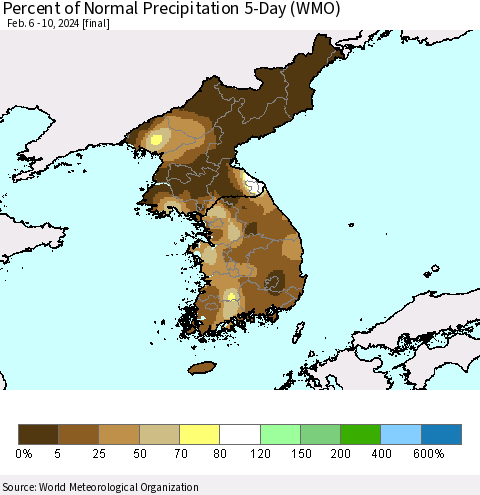Korea Percent of Normal Precipitation 5-Day (WMO) Thematic Map For 2/6/2024 - 2/10/2024
