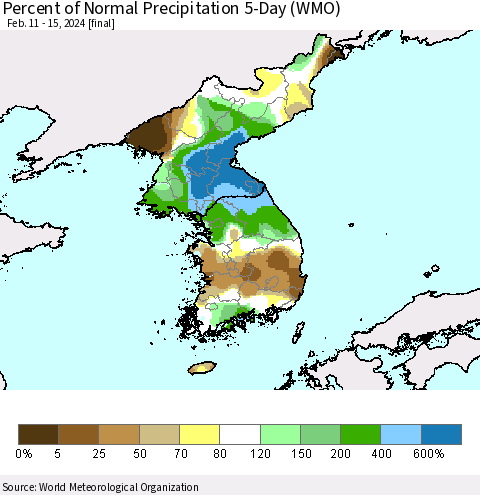 Korea Percent of Normal Precipitation 5-Day (WMO) Thematic Map For 2/11/2024 - 2/15/2024