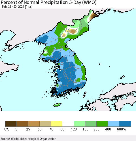 Korea Percent of Normal Precipitation 5-Day (WMO) Thematic Map For 2/16/2024 - 2/20/2024