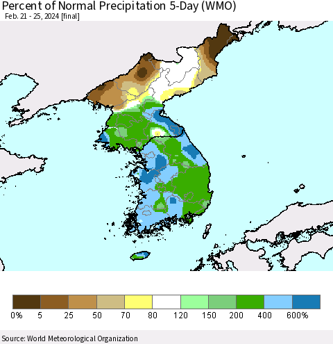 Korea Percent of Normal Precipitation 5-Day (WMO) Thematic Map For 2/21/2024 - 2/25/2024