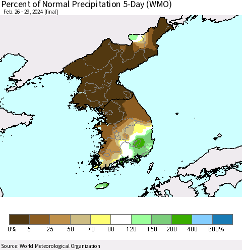 Korea Percent of Normal Precipitation 5-Day (WMO) Thematic Map For 2/26/2024 - 2/29/2024