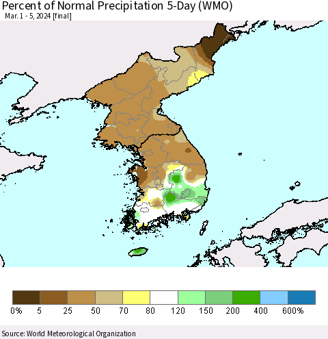 Korea Percent of Normal Precipitation 5-Day (WMO) Thematic Map For 3/1/2024 - 3/5/2024