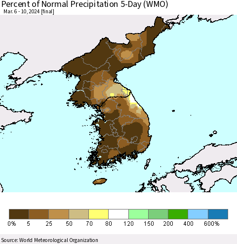 Korea Percent of Normal Precipitation 5-Day (WMO) Thematic Map For 3/6/2024 - 3/10/2024