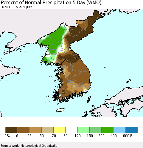 Korea Percent of Normal Precipitation 5-Day (WMO) Thematic Map For 3/11/2024 - 3/15/2024