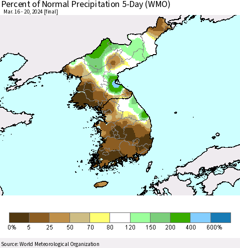 Korea Percent of Normal Precipitation 5-Day (WMO) Thematic Map For 3/16/2024 - 3/20/2024
