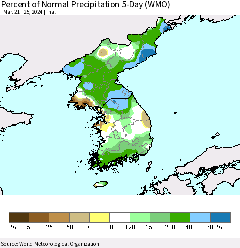 Korea Percent of Normal Precipitation 5-Day (WMO) Thematic Map For 3/21/2024 - 3/25/2024