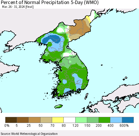 Korea Percent of Normal Precipitation 5-Day (WMO) Thematic Map For 3/26/2024 - 3/31/2024